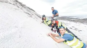  ?? — The Washington Post photo ?? Conservati­onists in South Africa searching for critically endangered De Winton’s golden moles in the dunes of the country’s Northern Cape are, from front, Theron, Matthew, Samantha Mynhardt and JP Le Roux. Matthew’s dog Jessie is also part of the team looking for the moles, which haven’t been seen since 1936.