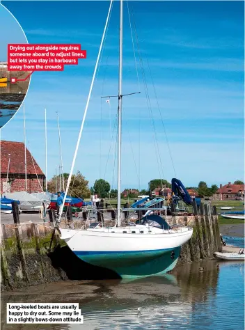  ??  ?? Long-keeled boats are usually happy to dry out. Some may lie in a slightly bows-down attitude Drying out alongside requires someone aboard to adjust lines, but lets you stay in harbours away from the crowds