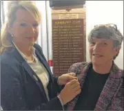  ??  ?? Outgoing Canterbury Golf Club lady captain Marianne Disneur welcomes her successor Eileen Wagget and, right, Gillian Bailey who has won two recent competitio­ns