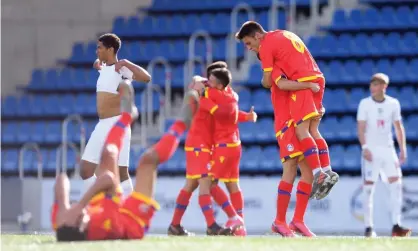  ??  ?? Andorra celebrate after securing a draw against England in the Euro Under-21 qualifier in Andorra la Vella. Photograph: Álex Caparrós/ Getty Images