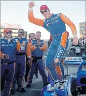 ?? JONATHAN MOORE — GETTY IMAGES ?? Scott Dixon celebrates after becoming the 2018 Verizon IndyCar Series Champion after the Sonoma Grand Prix.
