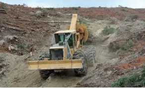  ??  ?? Below: Chains fitted to the front tyres help the Tigercat 625E negotiate this steep track from the cut-over to the skid site