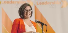  ?? LIAM RICHARDS ?? Niki Ashton speaks to the media following the fifth federal NDP leadership debate at TCU Place on Tuesday.