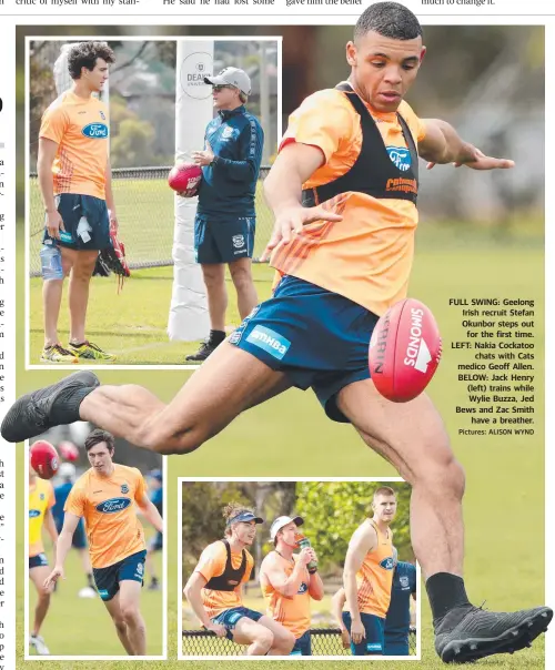  ?? Pictures: ALISON WYND ?? FULL SWING: Geelong Irish recruit Stefan Okunbor steps out for the first time. LEFT: Nakia Cockatoo chats with Cats medico Geoff Allen. BELOW: Jack Henry (left) trains while Wylie Buzza, Jed Bews and Zac Smith have a breather. FROM BACK PAGE