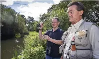  ?? ?? Angling for tips… Express writer John is taught fly fishing by Feargal Sharkey at the Amwell Magna club where the former rocker is chairman
