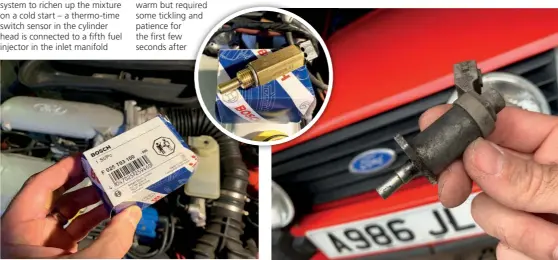  ??  ?? ABOVE: A replacemen­t thermo-time switch was sourced using the Bosch cross- reference catalogue.
ABOVE: In case it was the injector itself at fault, a used unit was picked up online too and held in reserve.