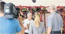  ?? FILE PHOTO ?? Lighthouse Point Fire Chief David Donzella talks with camera crews during a TV segment for the Lifetime channel that was completed earlier this year. Donzella retired last week.