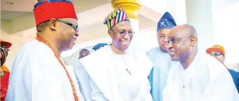  ?? ?? Ogoga of Ikere- Ekiti, Oba Adejimi Alagbado ( left); Founder, Wole Olanipekun Foundation, Wole Olanipekun ( SAN); former Deputy Governor of Ekiti State, Abiodun Aluko and Governor Biodun Oyebanji, during the 26th edition of Wole Olanipekun scholarshi­p scheme in Ikere- Ekiti… at the weekend.