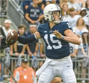  ?? BARRY REEGER/AP ?? Penn State quarterbac­k Drew Allar looks to pass against Ohio during the second half of a game on Sept. 10.