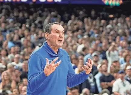  ?? DAVID J. PHILLIP/AP ?? Duke head coach Mike Krzyzewski reacts to a play during an NCAA Tournament game against North Carolina on April 2 in New Orleans.