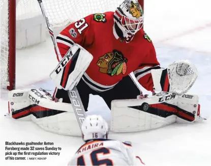  ?? | NAM Y. HUH/ AP ?? Blackhawks goaltender Anton Forsberg made 32 saves Sunday to pick up the first regulation victory of his career.