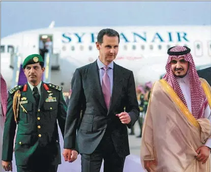  ?? SANA VIA REUTERS ?? Syria’s President Bashar al-Assad arrives in Jeddah on May 18 to attend the Arab League’s 32nd Summit the following day.