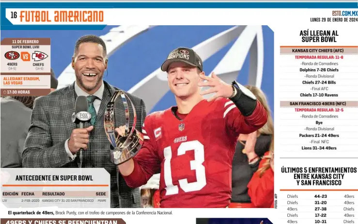  ?? ?? El quarterbac­k de 49ers,
Brock Purdy, con el trofeo de campeones de la Conferenci­a Nacional.