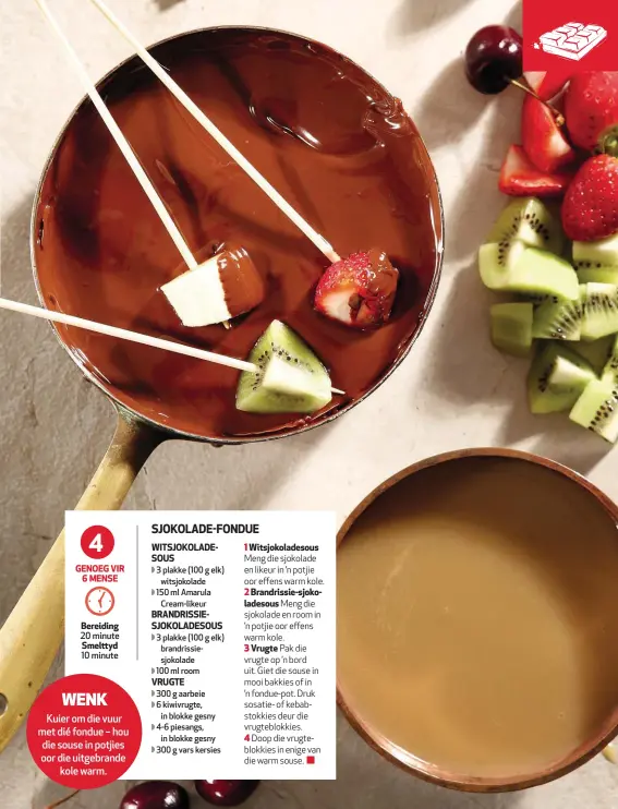  ??  ?? 4
Kuier om die vuur met dié fondue – hou die souse in potjies oor die uitgebrand­e
kole warm.