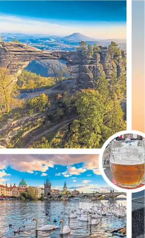  ??  ?? ● Clockwise from main: King Charles Bridge looking towards Prague Old Town; swans on the Vltava river; The Pravcicka Gate in Bohemian Switzerlan­d. Inset: Beer is a national pastime