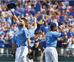  ?? (Reuters) ?? KANSAS CITY ROYALS players (from left) Eric Hosmer, Mike Moustakas, Lorenzo Cain and Alcides Escobar – all eligible for free agency and integral parts of the 2014-15 clubs that went to back-to-back World Series – were pulled in the fifth inning as the...