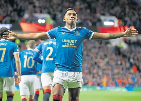  ?? ?? GOAL HERO: Alfredo Morelos celebrates after scoring Rangers’ second in the win over Sparta Prague.