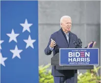  ?? REUTERS/TOM BRENNER ?? U.S. Democratic presidenti­al candidate Joe Biden delivers remarks at a voter mobilizati­on event at Riverside High School in Durham, North Carolina, Sunday.
