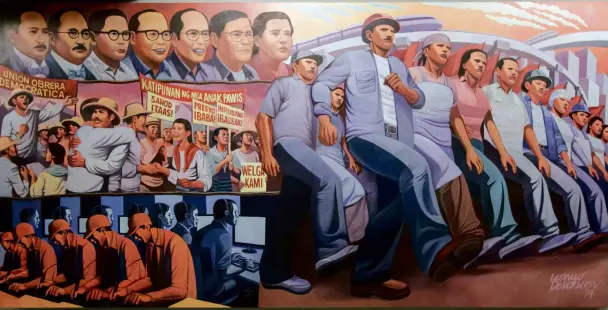  ?? LEO M. SABANGAN II ?? “MARCH of Labor in the Philippine­s” by Neil Doloricon, one of the 30 paintings at SiningSays­ay art exhibit about Philippine history at Gallery Mall in Cubao, Quezon City