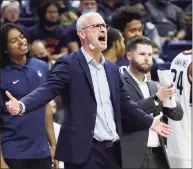  ?? Paul Connors / Associated Press ?? UConn coach Dan Hurley shouts at officials after a fouled was called against one of his players against LIU on Wednesday in Storrs.
