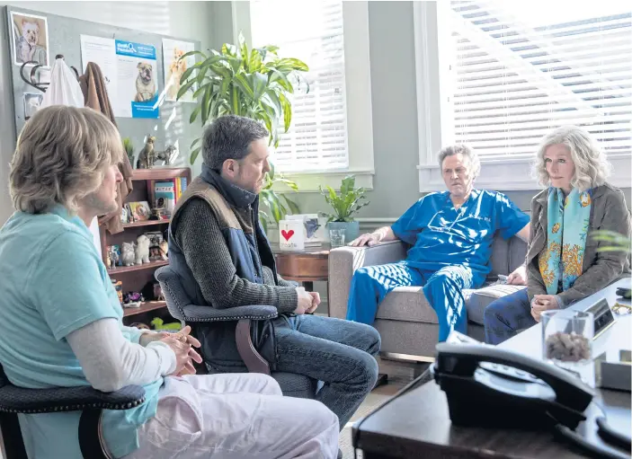  ??  ?? FAMILY MATTERS: From left, sons (Owen Wilson and Ed Helms) discuss their complex parentage situation with a possible father (Christophe­r Walken) and mother (Glenn Close) in ‘Father Figures’.