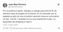  ??  ?? Tweet en el cual Ferreira denuncia la agresión