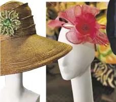  ??  ?? Wide-brim copper metallic ribbon
hat with crystal broach, $375
Pink floral fascinator, $79