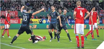  ??  ?? Sam Vokes celebrates as Wales went 2-1 up against Austria last Thusday,