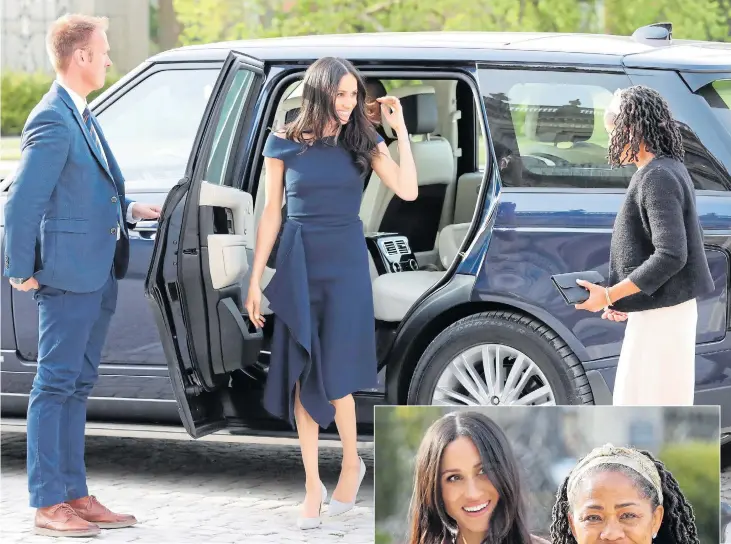  ?? Pictures: DYLAN MARTINEZ / REUTERS, STEVE PARSONS, BEN BIRCHALL / PA ?? Meghan and her mother Doria Ragland were clearly delighted as they arrived at the Cliveden House Hotel in Berkshire yesterday where the pair are staying before the wedding ceremony