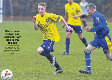  ?? Picture: Andy Jones FM4588829 Buy this picture from kentonline. co.uk ?? White Horse (yellow) and Snodland Town look to win the ball