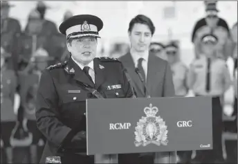  ?? CP PHOTO ?? Brenda Lucki speaks during a press event at RCMP “Depot” Division in Regina, Sask., on Friday. Lucki, who was Depot’s commanding officer, was appointed Canada’s first permanent female RCMP commission­er.