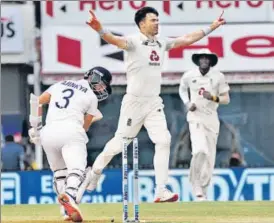  ??  ?? England’s James Anderson celebrates the wicket of Ajinkya Rahane on Tuesday.