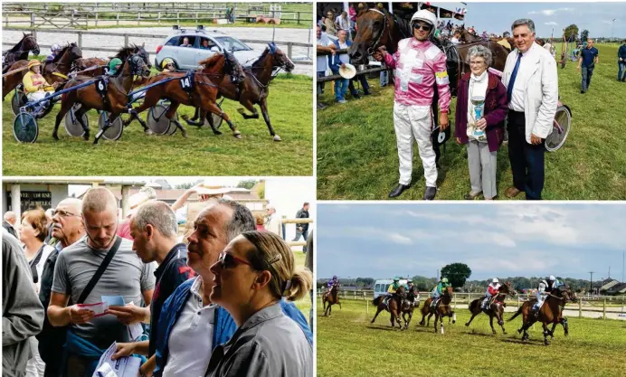  ??  ?? Huit courses ont eu lieu, attelées et montées. En haut à droite, Jacqueline Lorphelin, 1re adjointe, remet la coupe du prix de la Ville de Bacquevill­e-en-Caux à Xavier Chapdelein­e au côté de Jacques Ferrand, président de la Société des courses. En bas...