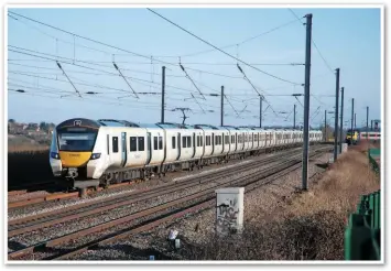  ?? PAUL SHANNON. ?? Govia Thameslink Railway 700109 passes East Hyde (Hertfordsh­ire) with a service to Bedford on March 19, as a northbound East Midlands Trains HST approaches. The ‘700s’ began replacing Thameslink’s original Class 319s in 2016, as part of the Department...