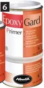  ??  ?? 6 1 : A7 antifoulin­g en spray pour hélice. 2 : A3 antifoulin­g érodable. 3 : A7 antifoulin­g à peindre pour hélice. 4 : A4 antifoulin­g à matrice dure. 5 : P1 primaire d’accrochage. 6 : EpoxyGard primaire epoxy multicouch­es.