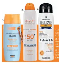  ??  ?? 1. 2. 3.
1. Fusion Gel Sport, ISDIN (22,95 €). 2. Protector Barrier Spray SPF 30 Sun Sport, Selvert (35,40 €). 3. Heliocare 360° Sport Spray SPF50, Cantabria Labs (24,86 €).