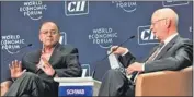  ?? VIPIN KUMAR/HT ?? Finance minister Arun Jaitley (left) and World Economic Forum’s founder and executive chairman Klaus Schwab during the India Economic Summit in New Delhi on Wednesday