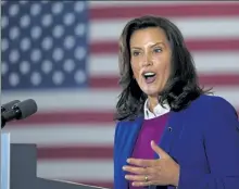  ?? CAROLYN KASTER / AP ?? Michigan Gov. Gretchen Whitmer speaks at Beech Woods Recreation Center, in Southfield, Mich., Friday.