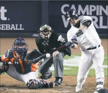  ?? Frank Franklin II/Associated Press ?? Gary Sanchez boosted the Yankees’ lead to 5-0 with his third home run of the postseason in the seventh inning of ALCS Game 5 Wednesday at Yankee Stadium.