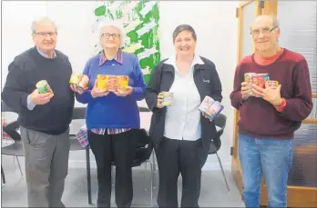  ??  ?? ORGANISER Terry Hynes, Rev Lynda Ellington(Salvation Army) Frances Walshe and Bill Young (both St Vincent De Paul) hold cans donated by To¯ tara College as part of the Watties Cans For Good Programme.