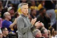  ?? JED JACOBSOHN — THE ASSOCIATED PRESS ?? Golden State Warriors head coach Steve Kerr watches during the first half of Game 5of the NBA Finals against the Boston Celtics in San Francisco, Monday.
