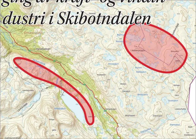  ?? det som to områder). ?? STORFJORD OG KÅFJORD: Vestsiden av Skibotndal­en i området ved vannmagasi­net, og et område på kommunegre­nsa til Kåfjord øst for Skibotndal­en (Troms Kraft har telt