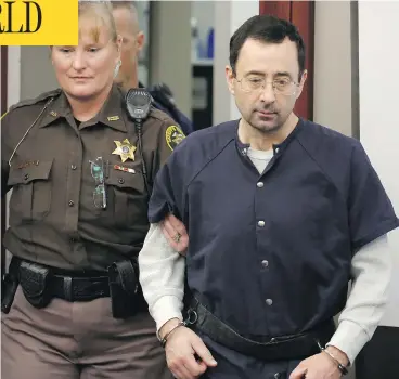  ?? JEFF KOWALSKY/AFP/GETTY IMAGES ?? Former sports doctor Larry Nassar arrives for impact statements during a hearing Wednesday in Lansing, Mich. Nassar was sentenced to 40 to 175 years in prison for sexually assaulting girls and young women under his care.