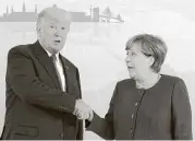  ?? Matthias Schrader / Associated Press ?? President Donald Trump and German Chancellor Angela Merkel greet each other before a bilateral meeting on the eve of the G-20 summit in Hamburg.