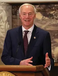  ?? Arkansas Democrat-Gazette/Thomas Metthe ?? ■ Gov. Asa Hutchinson addresses the media during his weekly press briefing on March 1 at the state Capitol in Little Rock.