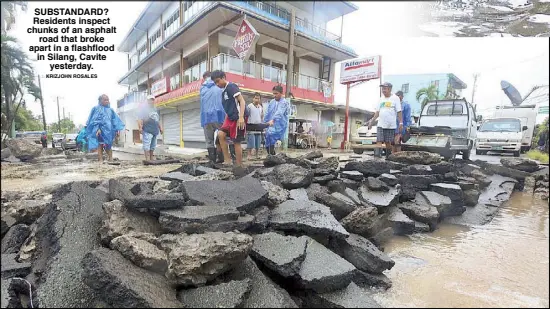  ??  ?? SUBSTANDAR­D? Residents inspect chunks of an asphalt road that broke apart in a flashflood in Silang, Cavite yesterday. KRIZJOHN ROSALES