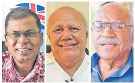  ?? ?? Party leaders of Fiji’s new coalition Government; from left Biman Prasad (NFP), Viliame Gavoka (SODELPA) and Sitiveni Rabuka (PA) Picture: