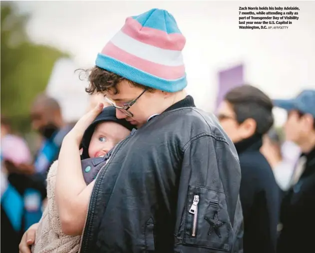  ?? AP; AFP/GETTY ?? Zach Norris holds his baby Adelaide, 7 months, while attending a rally as part of Transgende­r Day of Visibility last year near the U.S. Capitol in Washington, D.C.