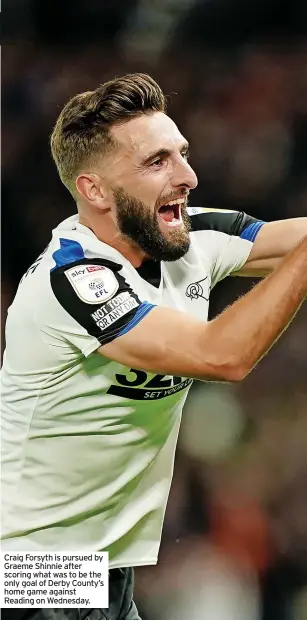  ?? ?? Craig Forsyth is pursued by Graeme Shinnie after scoring what was to be the only goal of Derby County’s home game against Reading on Wednesday.