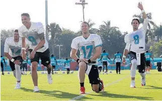  ?? LYNNE SLADKY/AP ?? David Fales (9) is battling sixth-year veteran Brock Osweiler (8) to see who will serve as Ryan Tannehill’s backup this season.